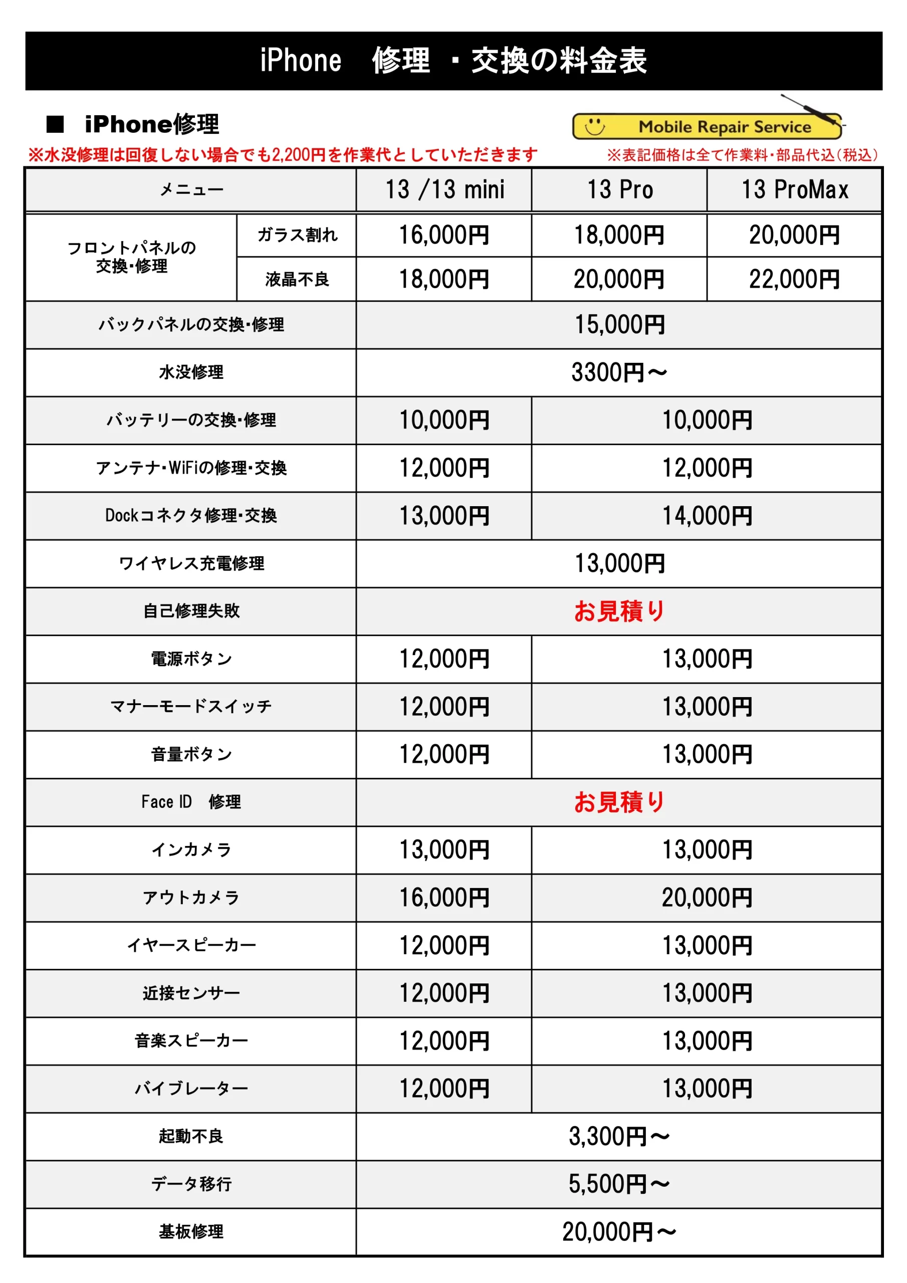修理価格表（iPhone13 Series）