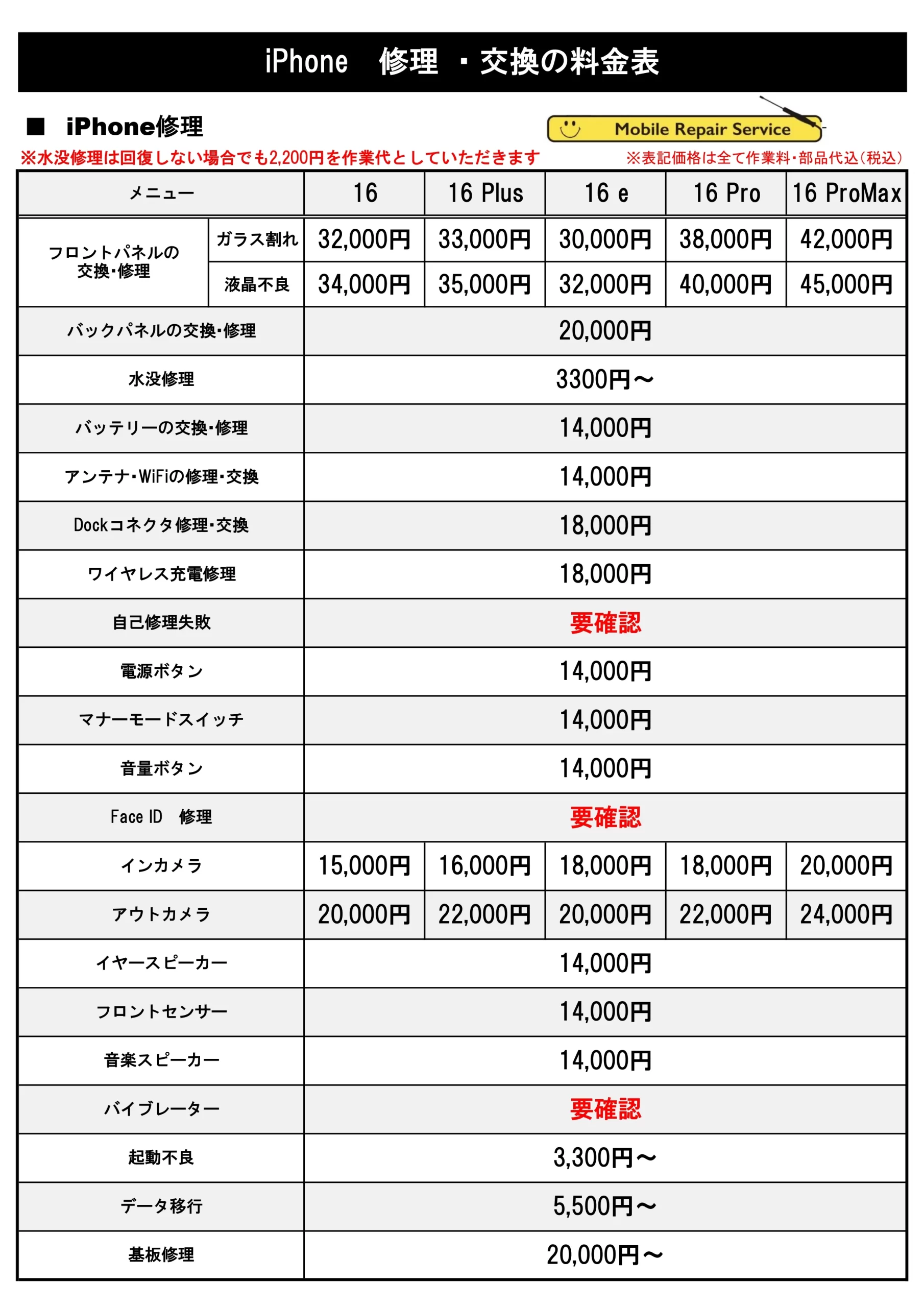 修理価格表（iPhone16 Series）