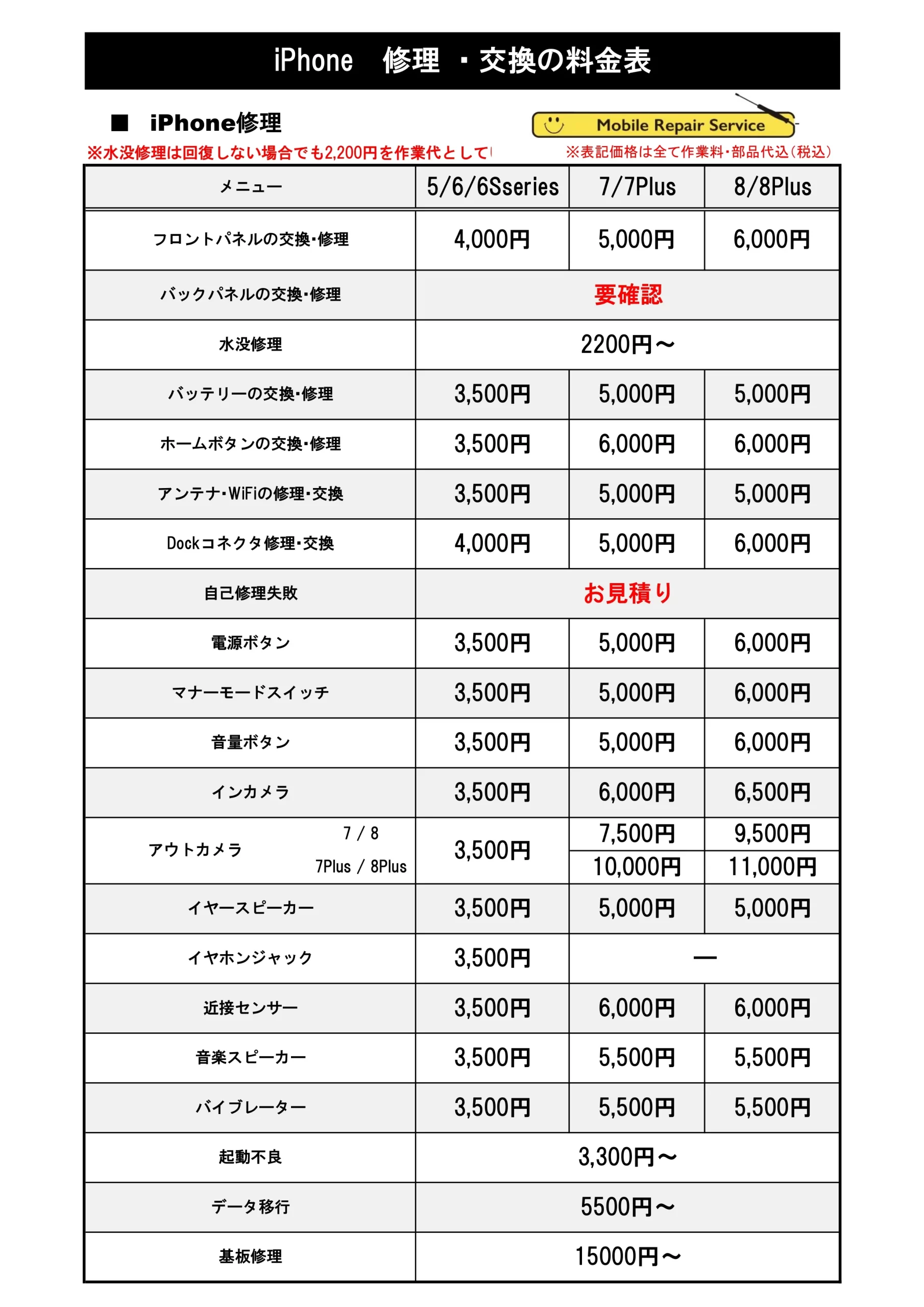 修理価格表（iPhone5 8 Series）