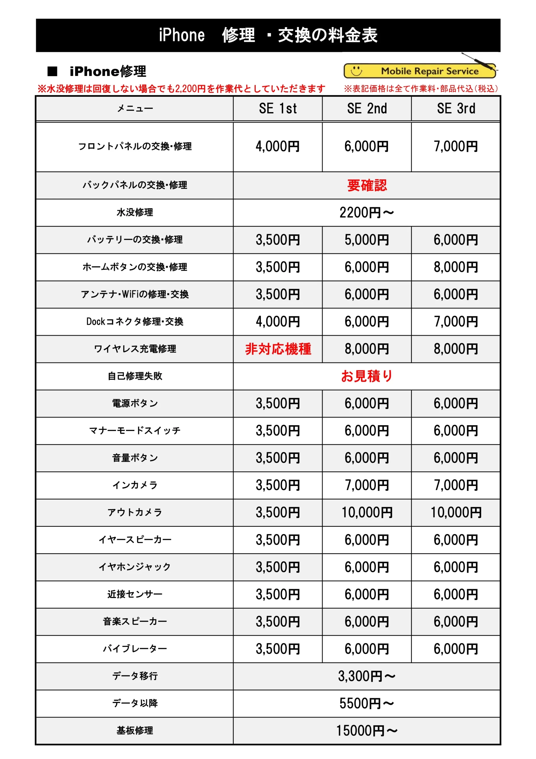修理価格表（iPhoneSE Series）