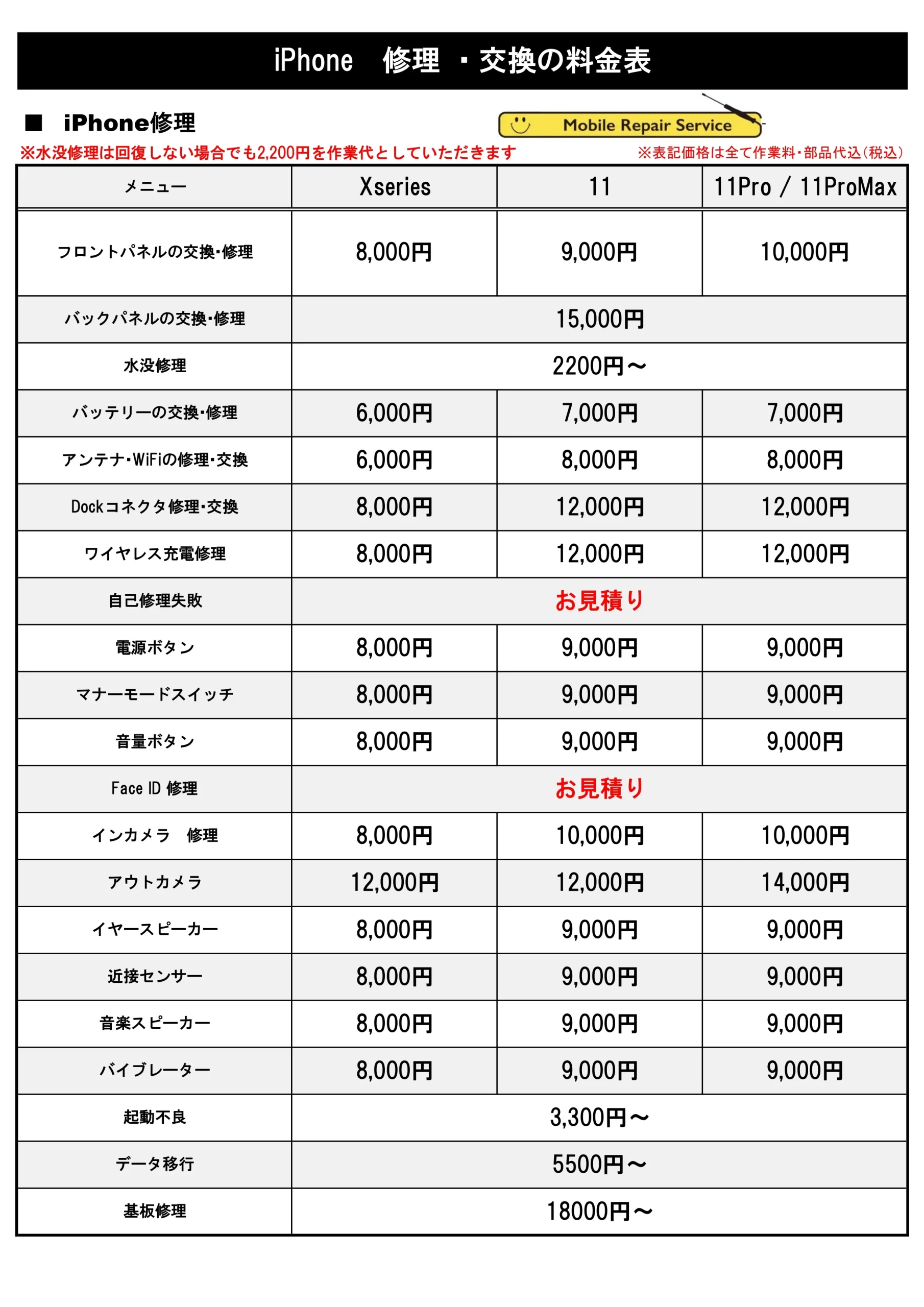 修理価格表（iPhoneX 11 Series）